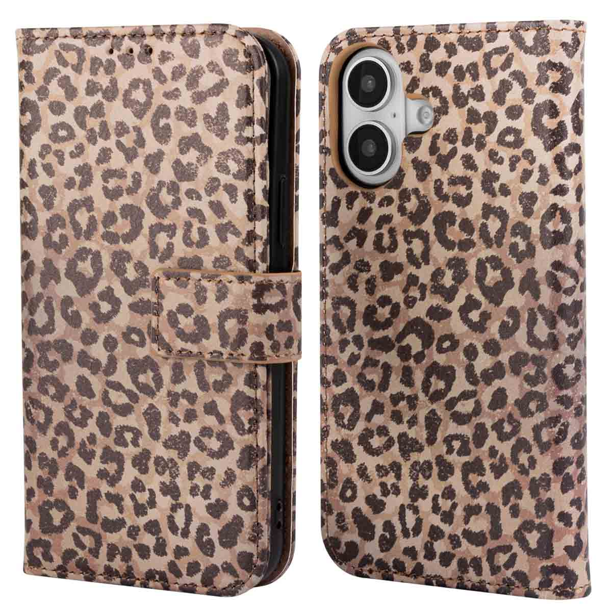 Un étui de téléphone ouvert, révélant un motif léopard. L'étui est marron.