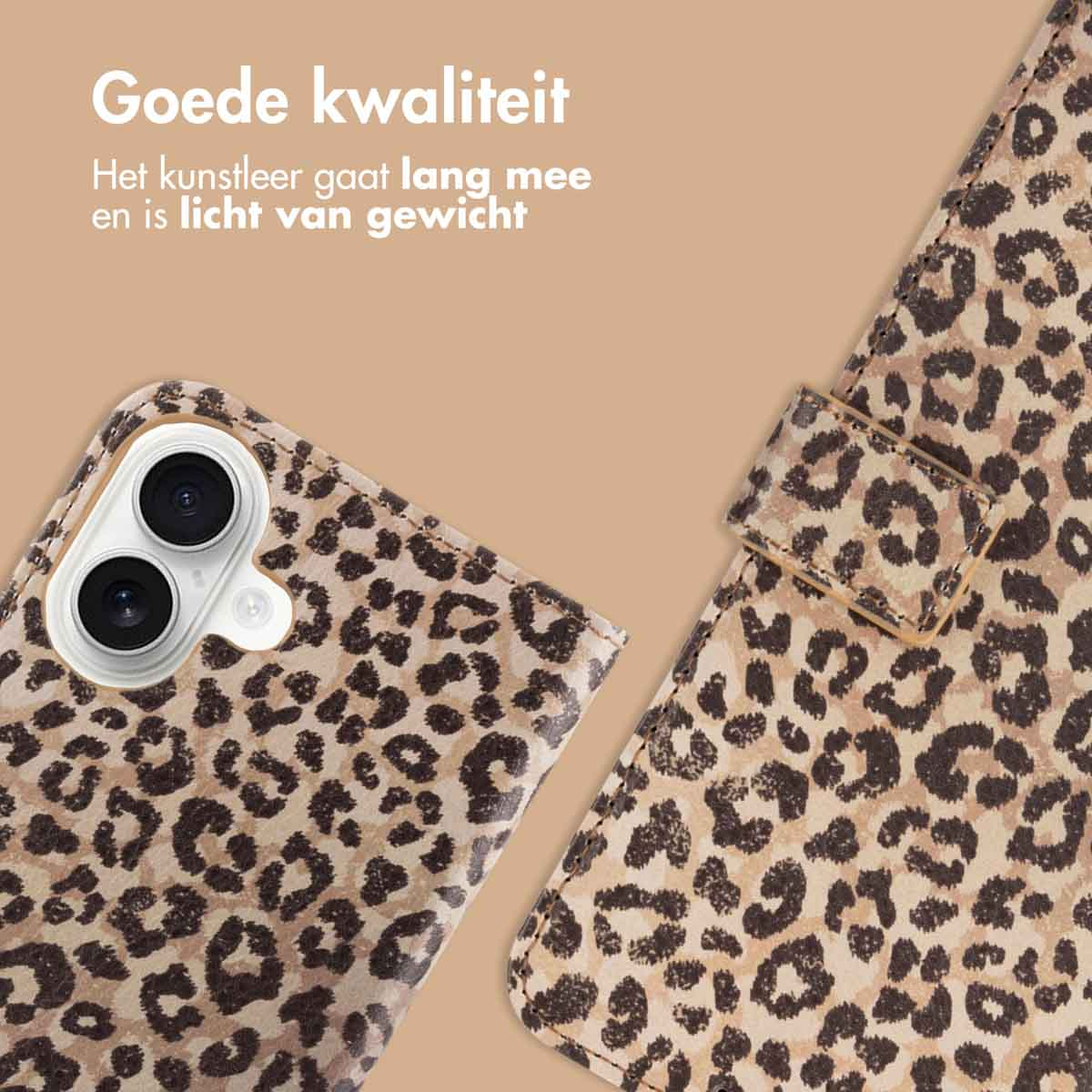 Coque de téléphone avec imprimé léopard. Texte : Bonne qualité, léger et durable. Fond marron.