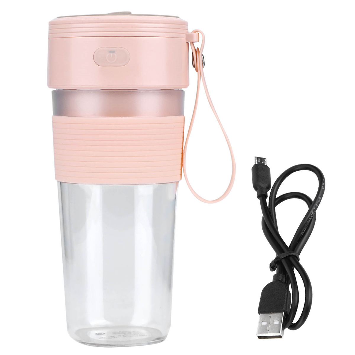 Rosa tragbarer Mixer mit einem transparenten Behälter und einem schwarzen USB-Kabel. Der Mixer hat einen rosa Riemen.