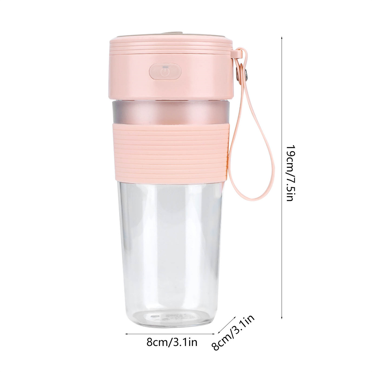 Ein rosa und klarer tragbarer Mixer. Es hat einen rosafarbenen Deckel mit Knöpfen und einen Behälter.