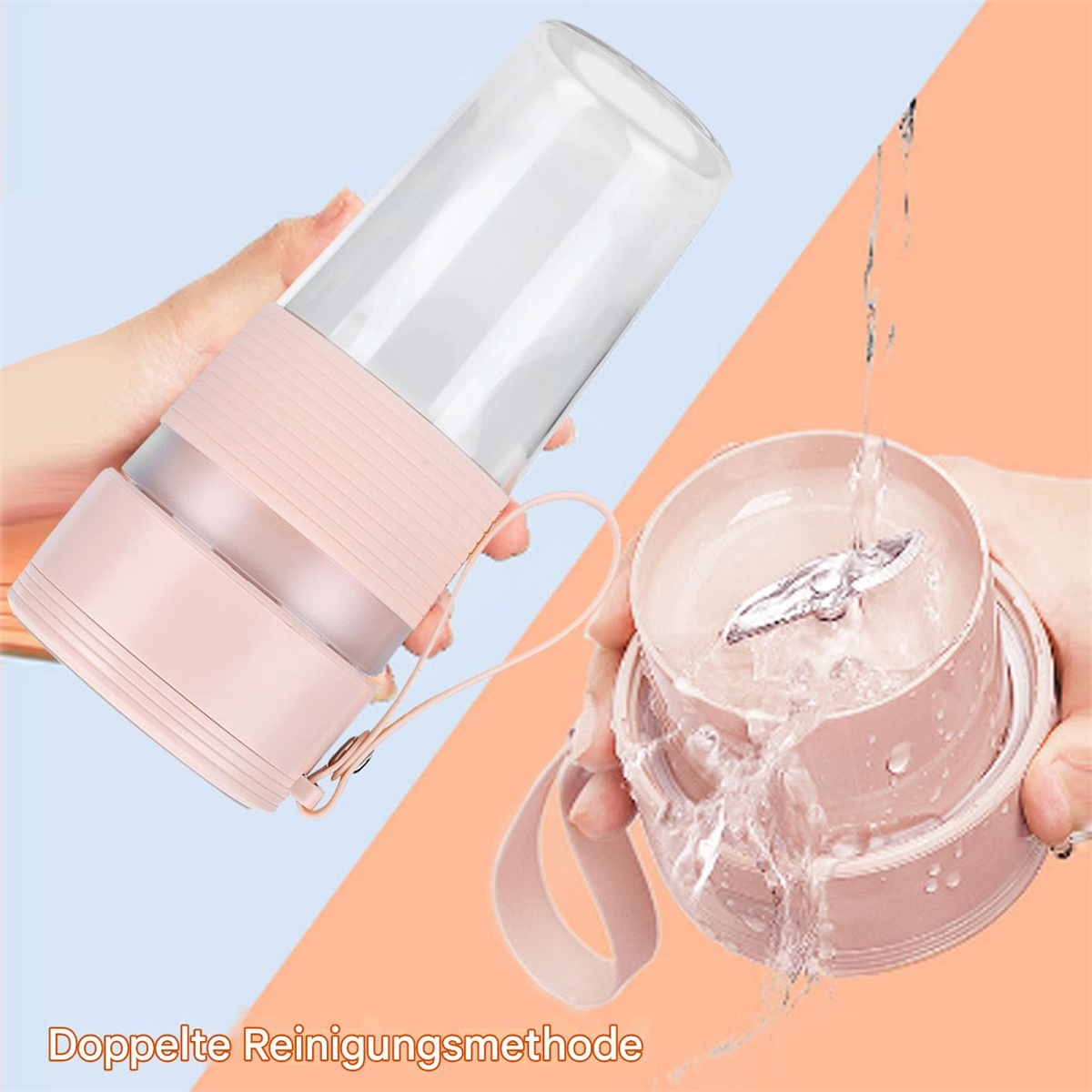 Ein pinkfarbener Mixer, wobei ein Teil in einer Hand und der andere Teil mit Wasser und Klingen ist. Auf Pfirsich- und weißem Hintergrund.