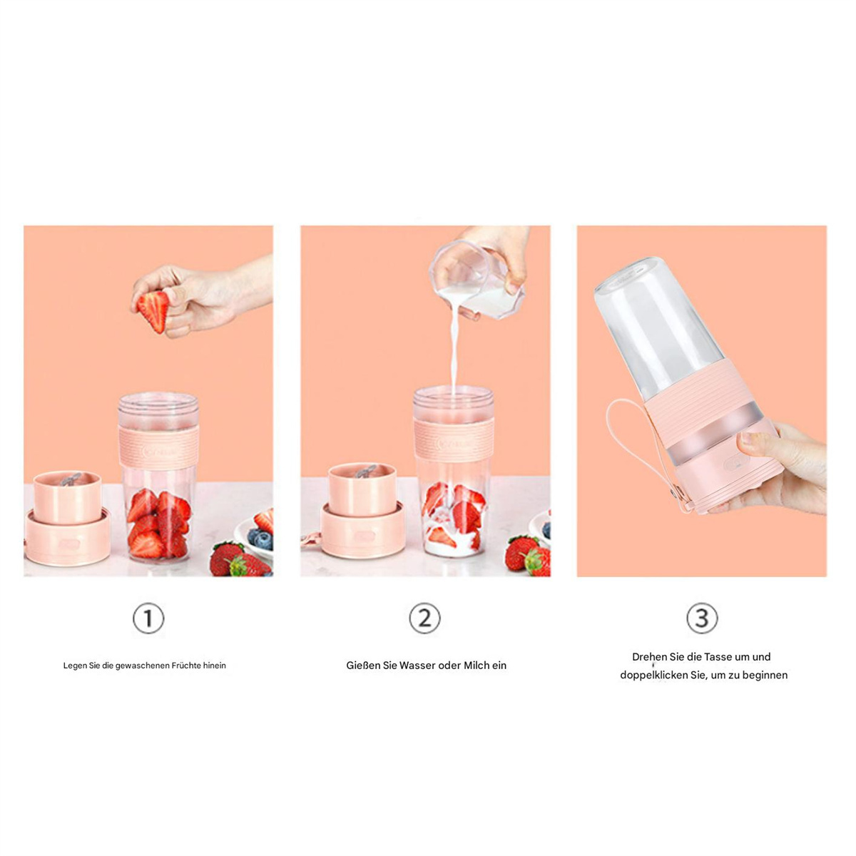 Dreistufiger Prozess der Smoothie-Zubereitung, Zutaten und Mischen in einem Mixer zeigend.