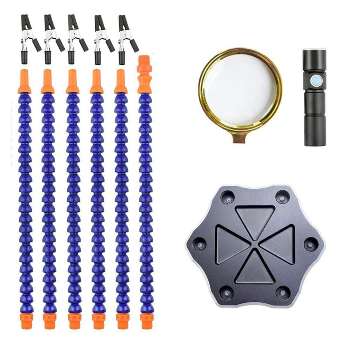 Werkzeugsatz: Klemmen, flexible Arme, Lupe, Taschenlampe und eine Basis.