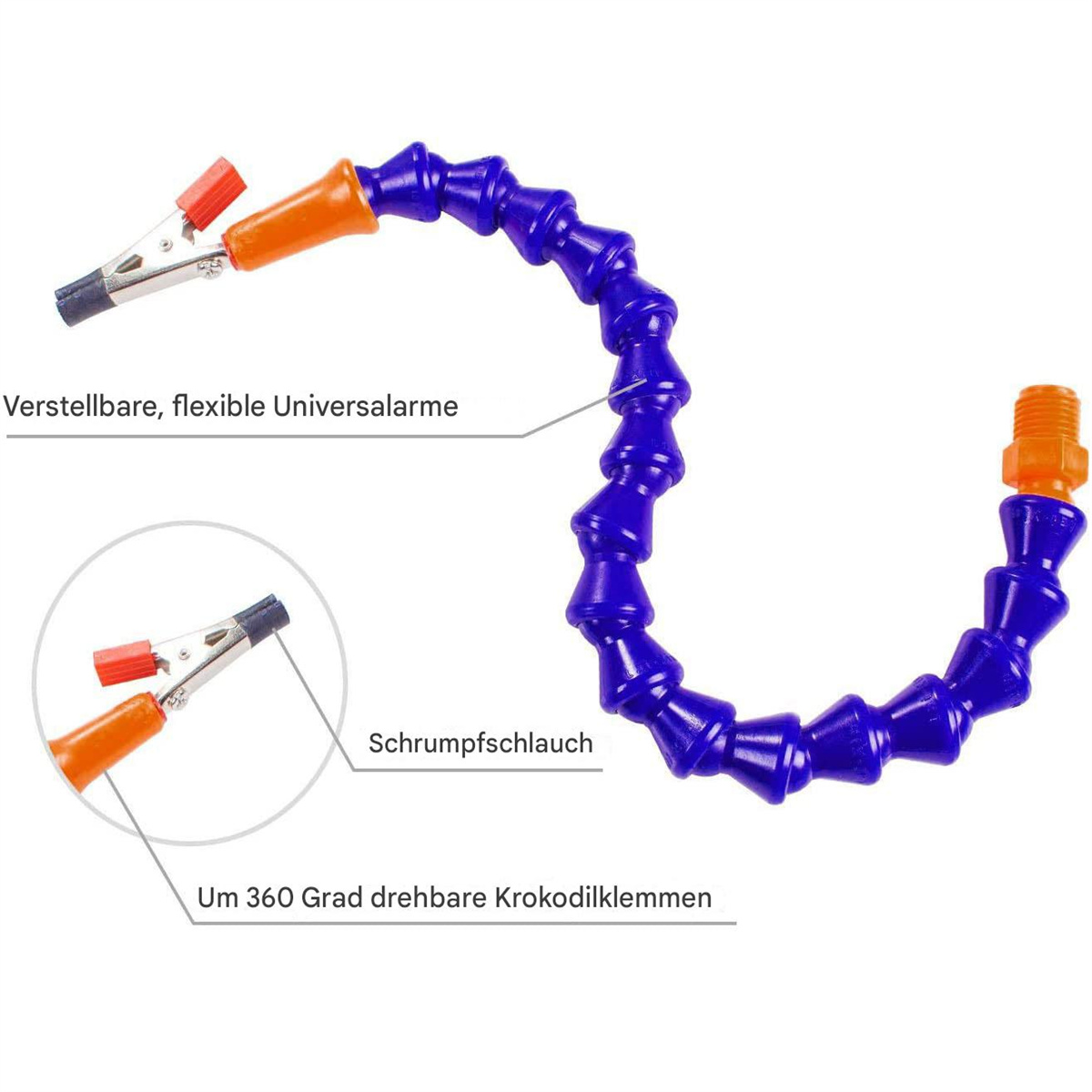 Flexibles Armwerkzeug mit Krokodilklemmen an den Enden zum Halten.