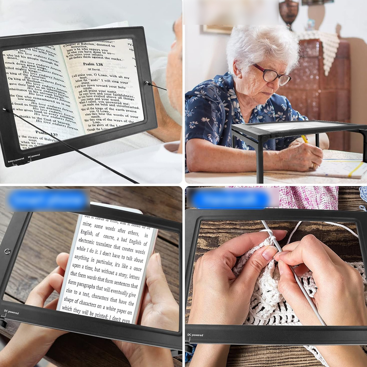 Vier Bilder zeigen eine Person, die mit einer Lupe ein Buch liest, und eine andere Person, die strickt.