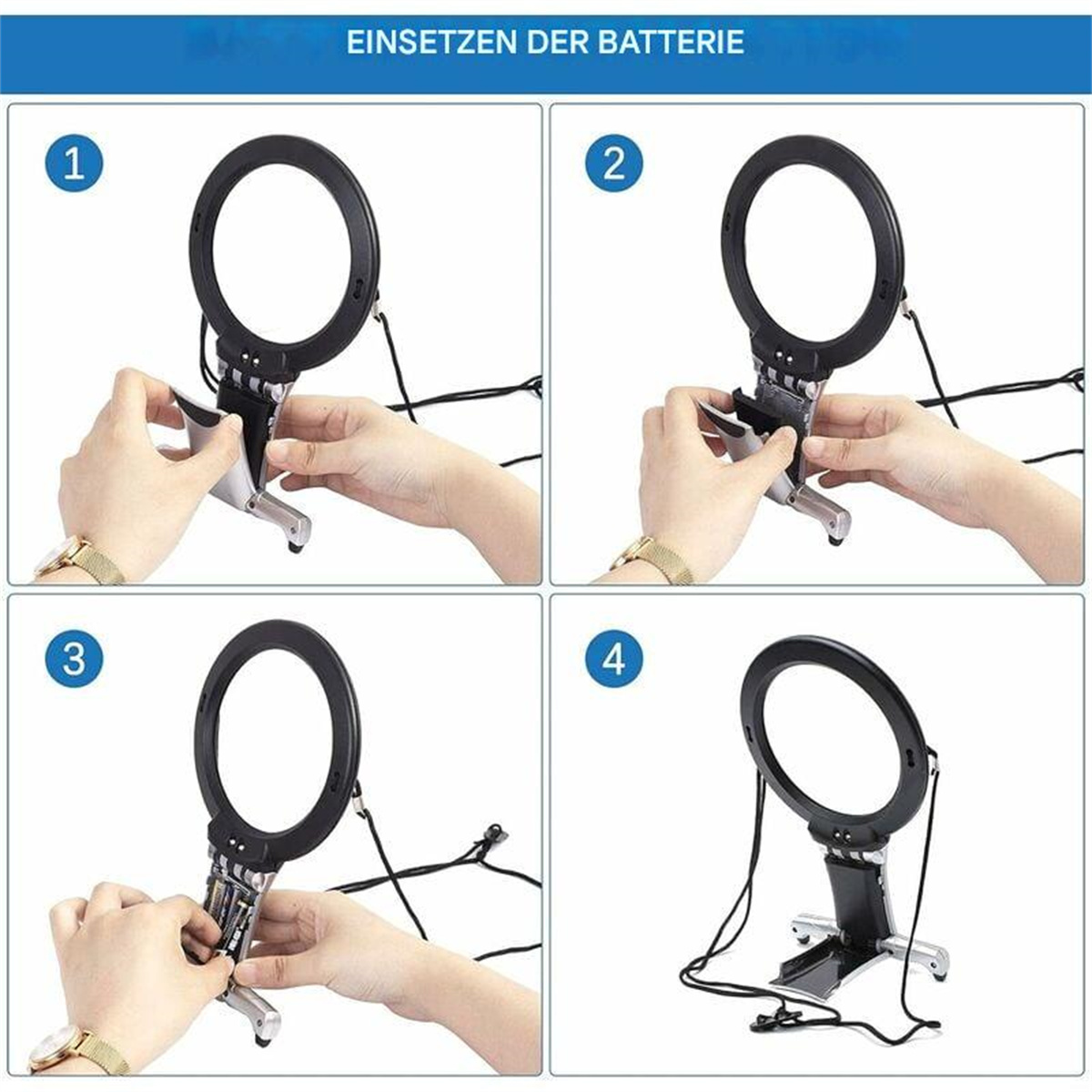 Vier Bilder mit Schritten zum Einsetzen einer Batterie in eine Lupe.