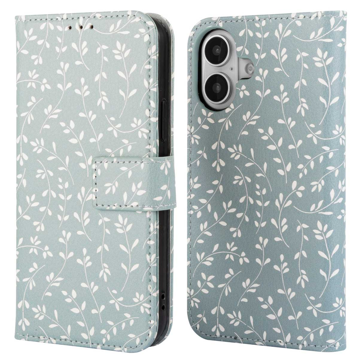Een lichtblauwe telefoonhoes met wit bloemmotief, open met telefoon en sluiting.