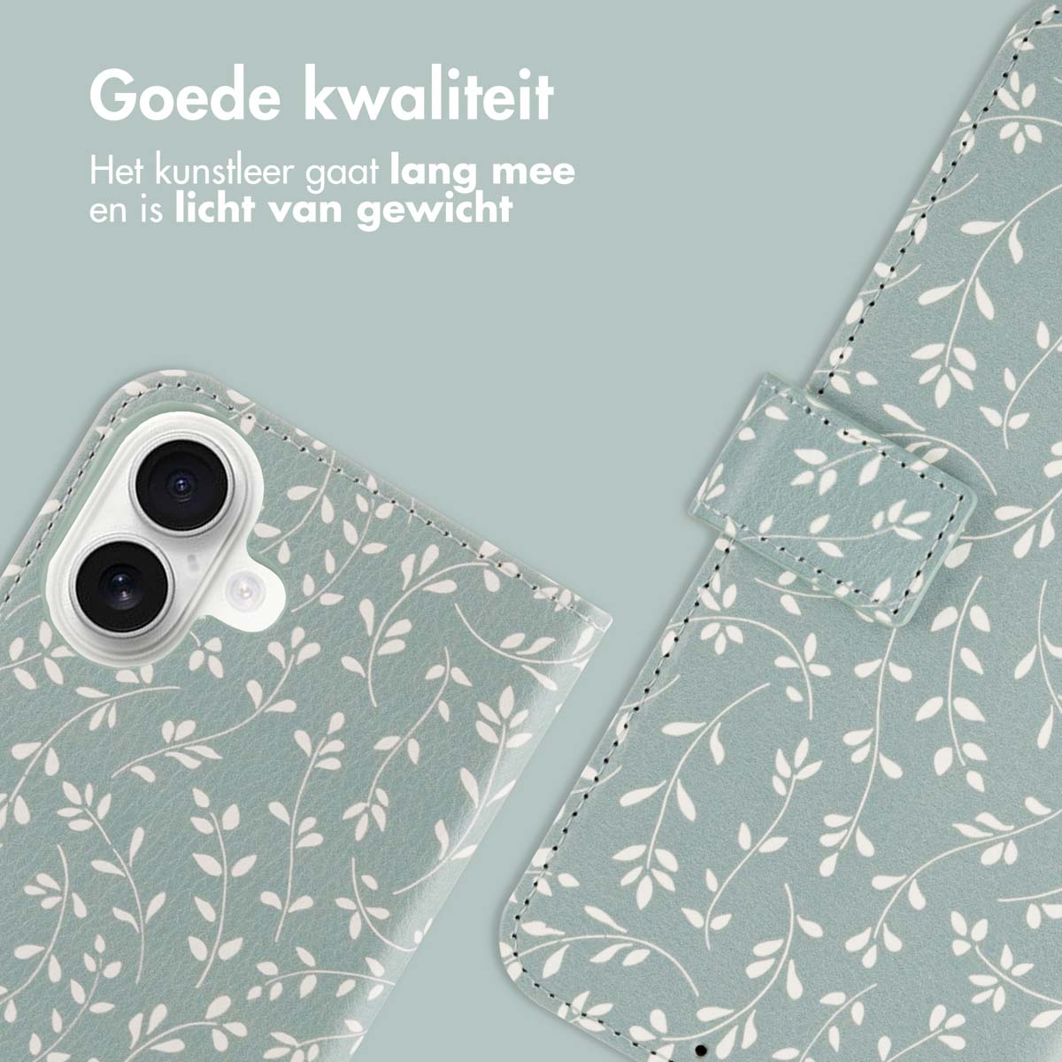 Close-up van een groen telefoonhoesje met een bloempatroon. De merknaam is niet zichtbaar.