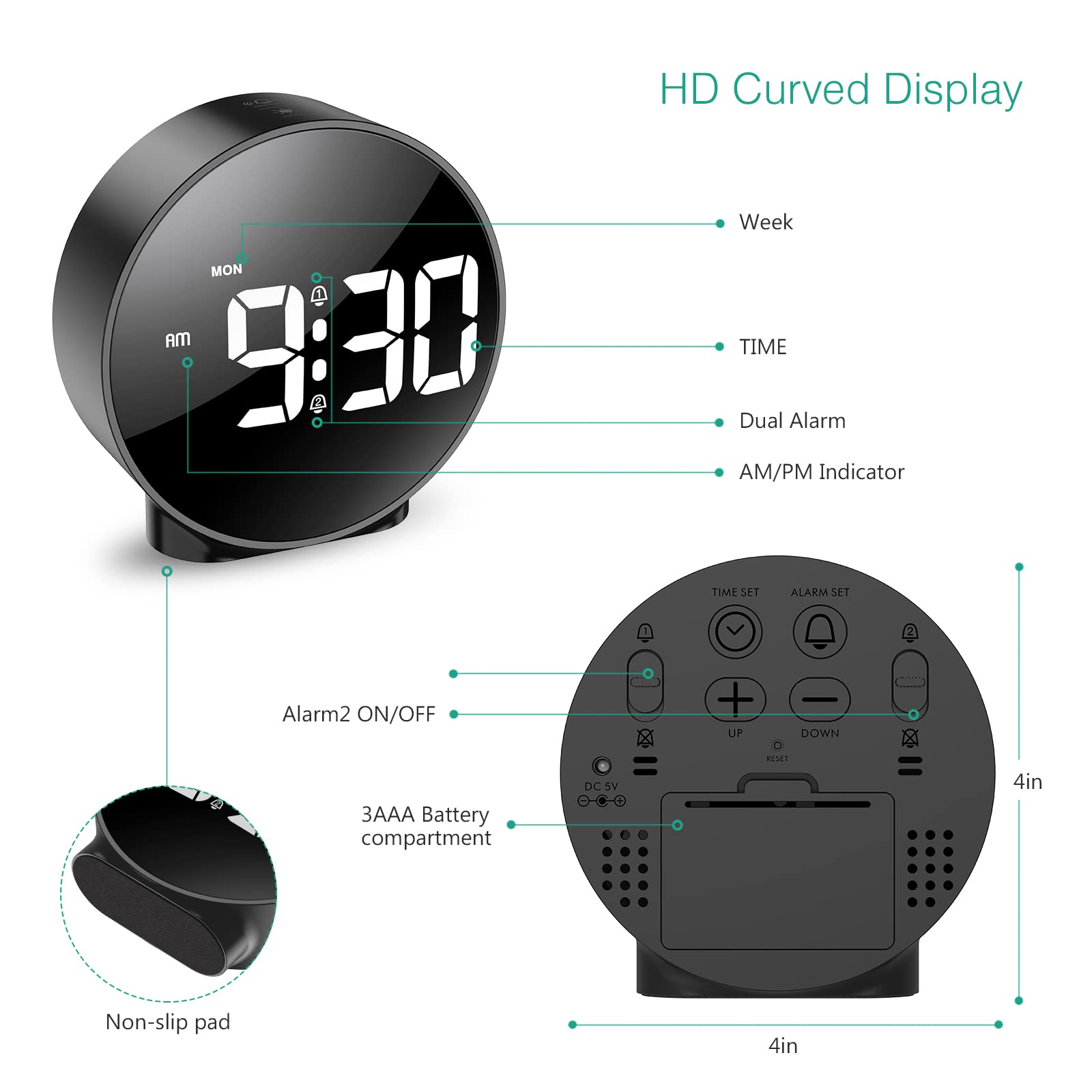 Ein schwarzer HD-Wecker mit gebogenem Display und Anmerkungen.