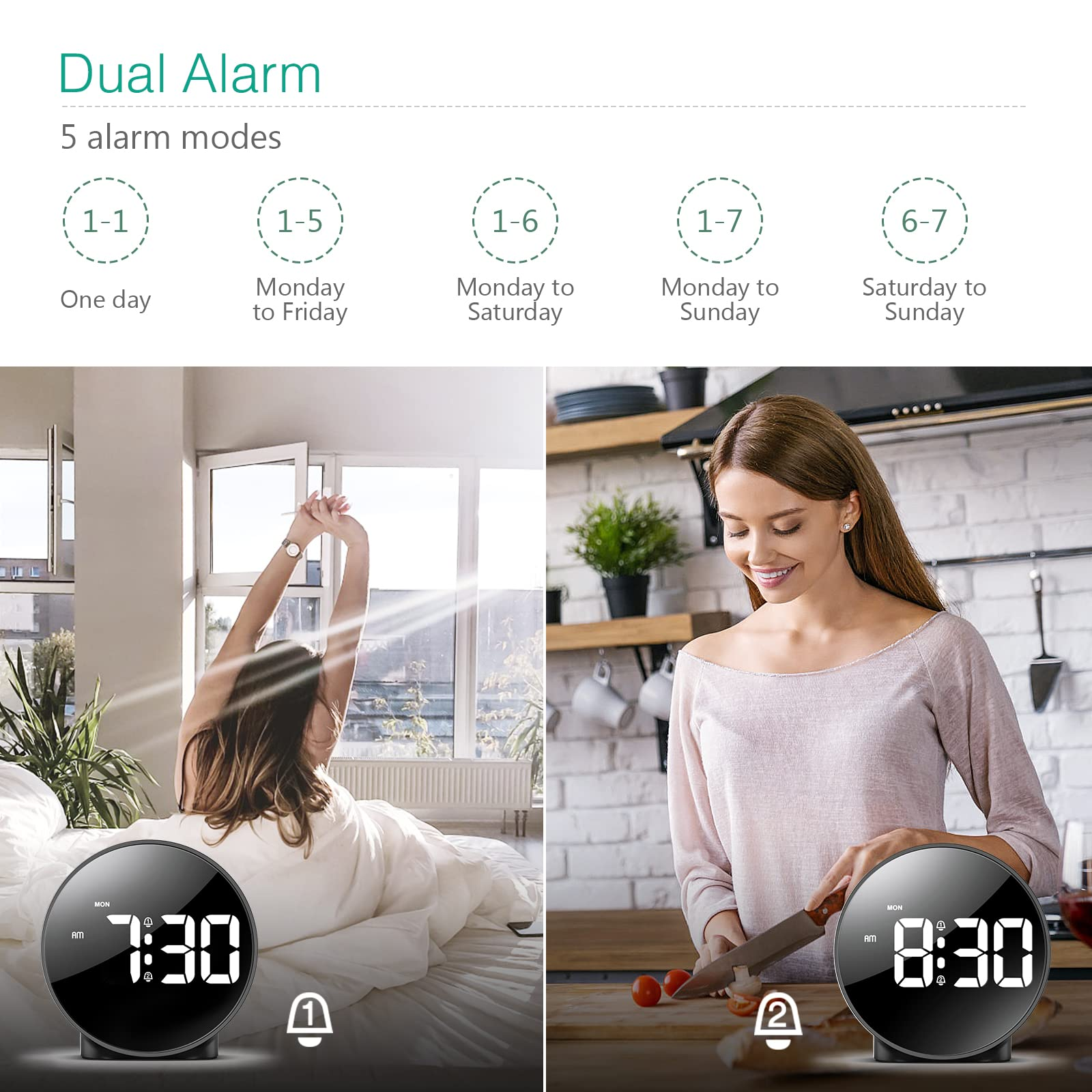 Doppelwecker-Anzeige mit 7:30 Uhr und 8:30 Uhr. Frau im Bett, Frau mit Messer.