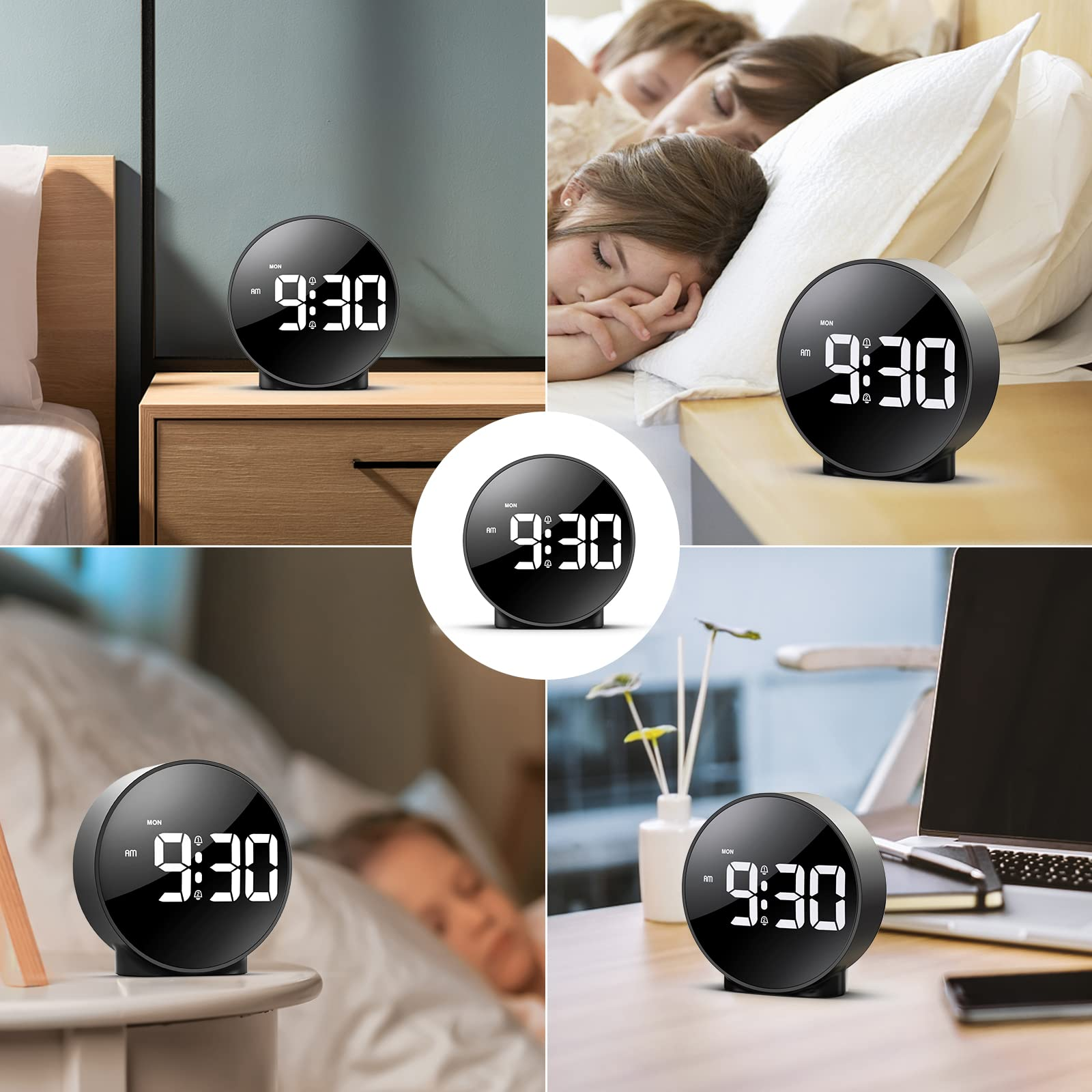 Uhr, die 9:30 in verschiedenen Schlafzimmern anzeigt. Schwarze, runde Digitaluhr. Weißer Hintergrund.