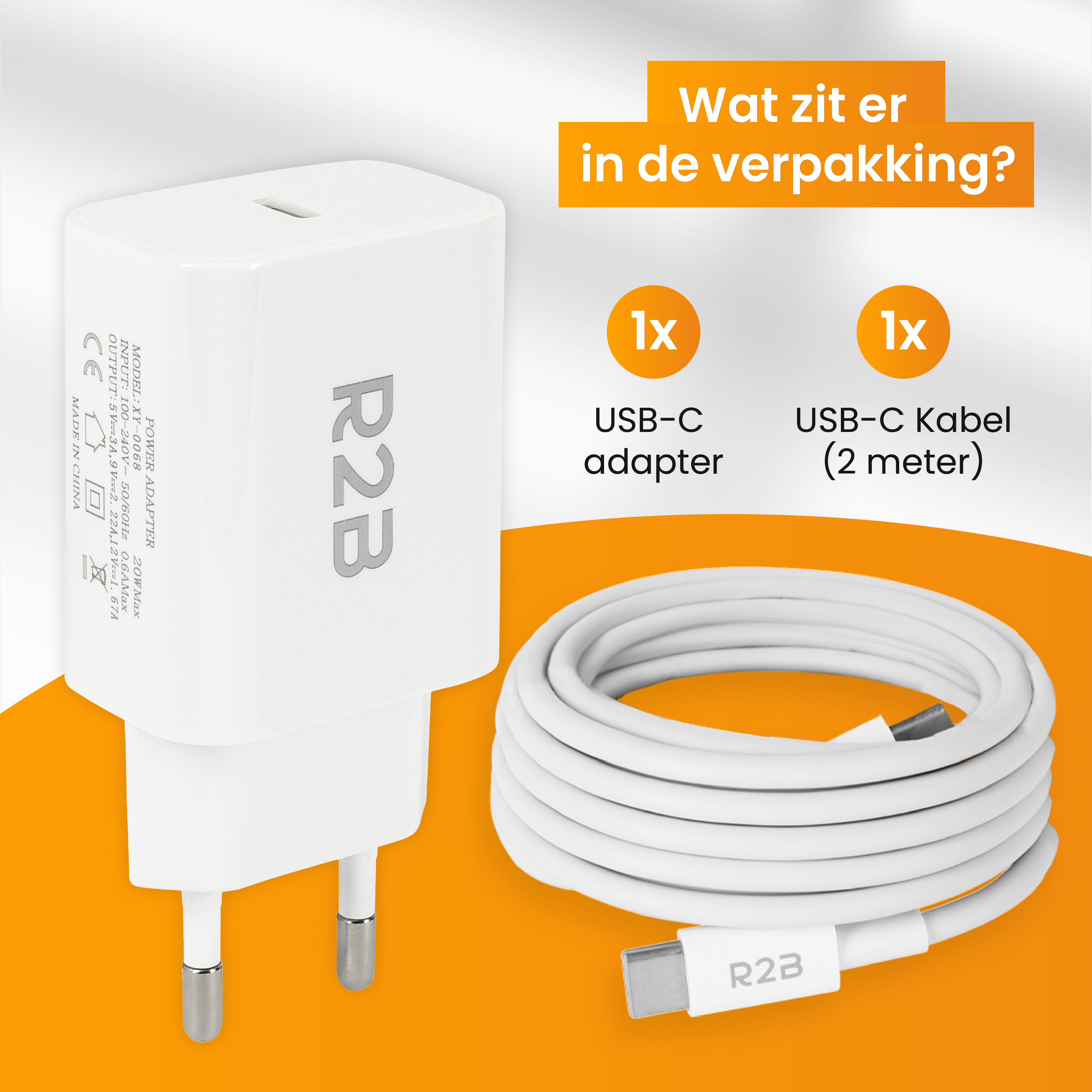 Weißes R2B-Netzteil und USB-C-Kabel. Text auf dem Adapter mit Verpackungsdetails.