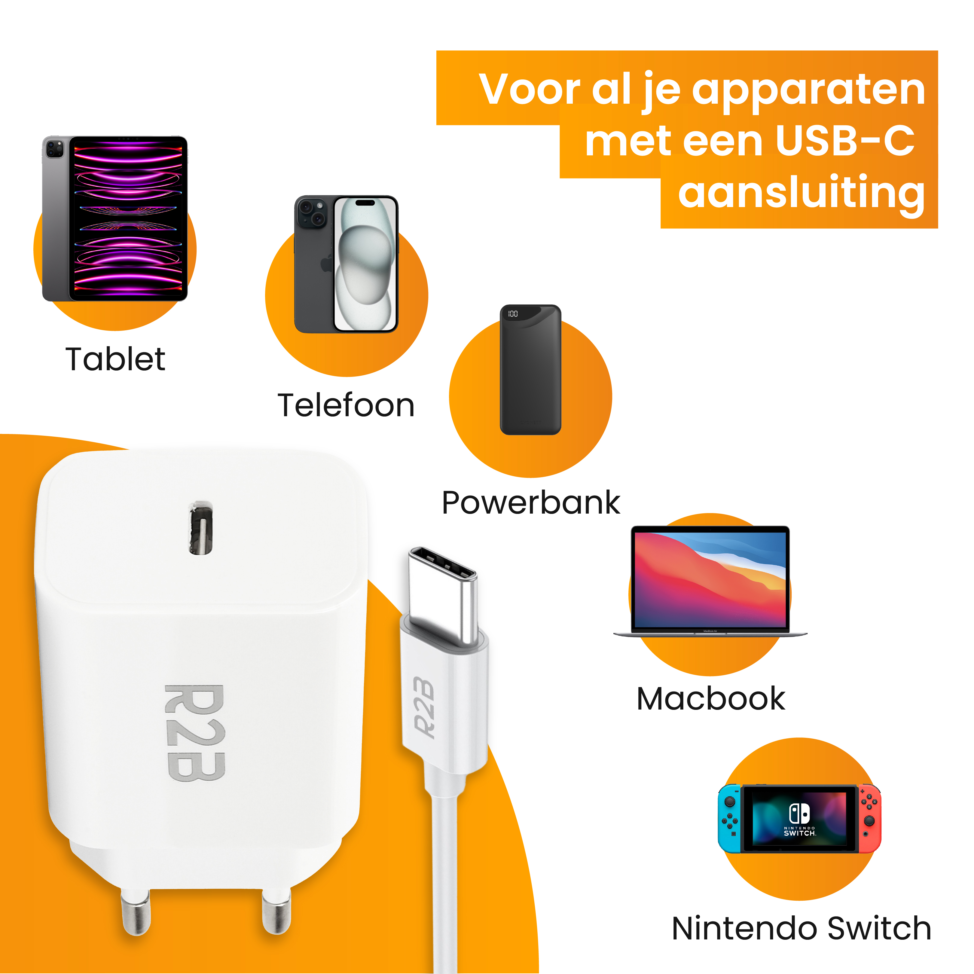 Weißes Ladegerät mit USB-C-Kabel. Verschiedene Geräte, Tablet, Telefone, Laptop und Switch.