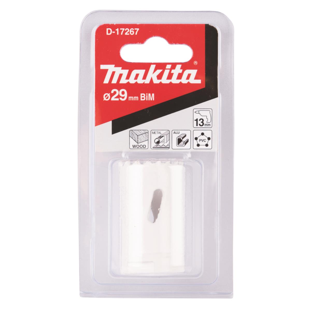 Makita Lochsäge in einer transparenten Kunststoffverpackung. Die Säge ist weiß und hat ein Loch in der Mitte. Beschriftet.