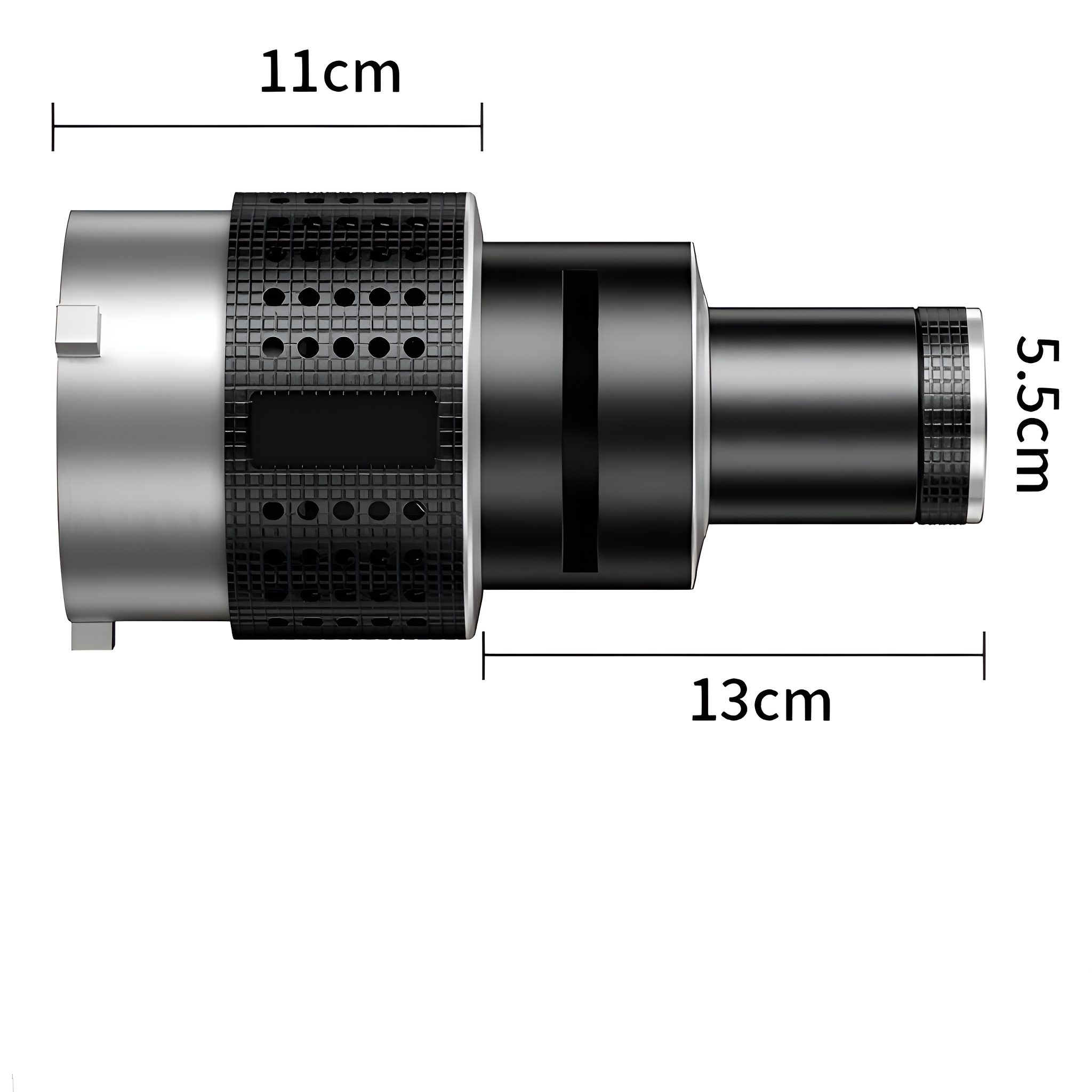 Schwarzes Metallgerät mit Maßen. Es hat zwei zylindrische Teile und ein Rasterdesign.