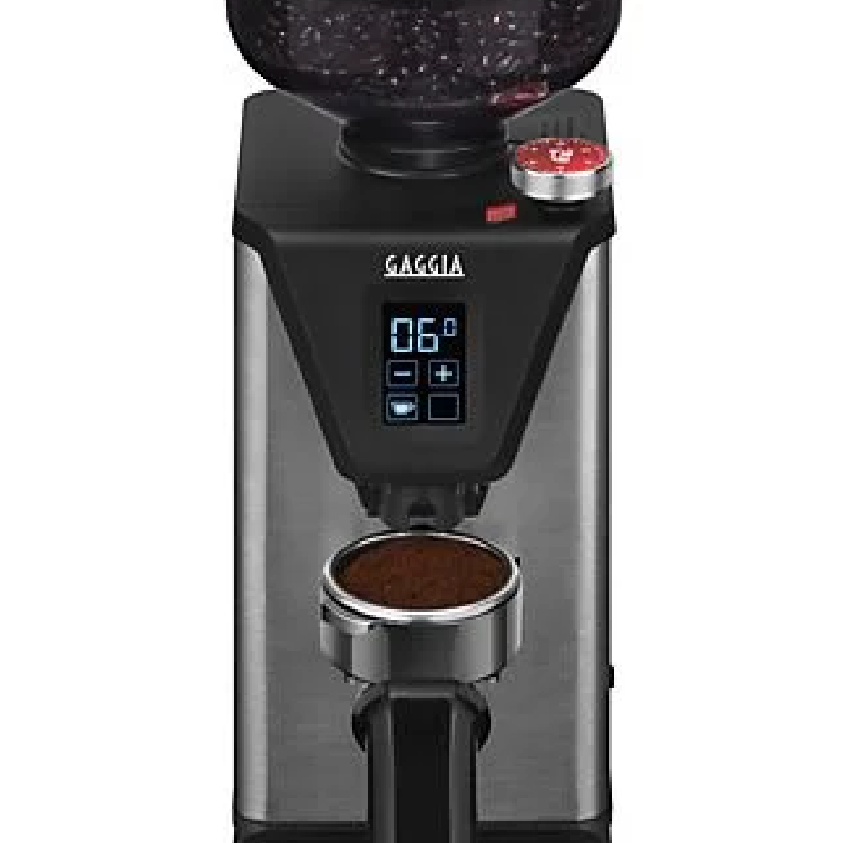 Kaffeemühle, schwarz und silber. Sie hat ein digitales Display und einen Behälter für Kaffeepulver.