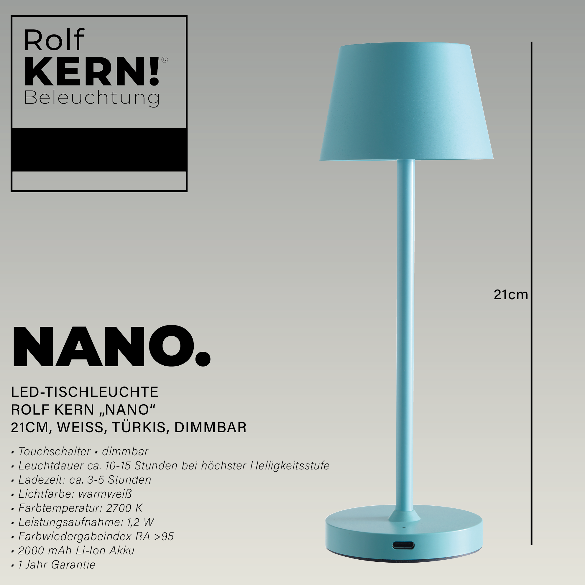 Eine hellblaue Tischlampe. Sie hat einen türkisfarbenen Lampenschirm und einen runden Fuß. 21 cm hoch.
