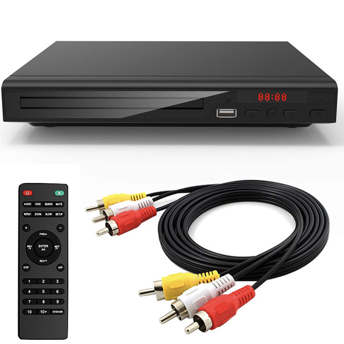 Ein schwarzer DVD-Player mit Fernbedienung und Kabeln. Das Display zeigt 88:88.