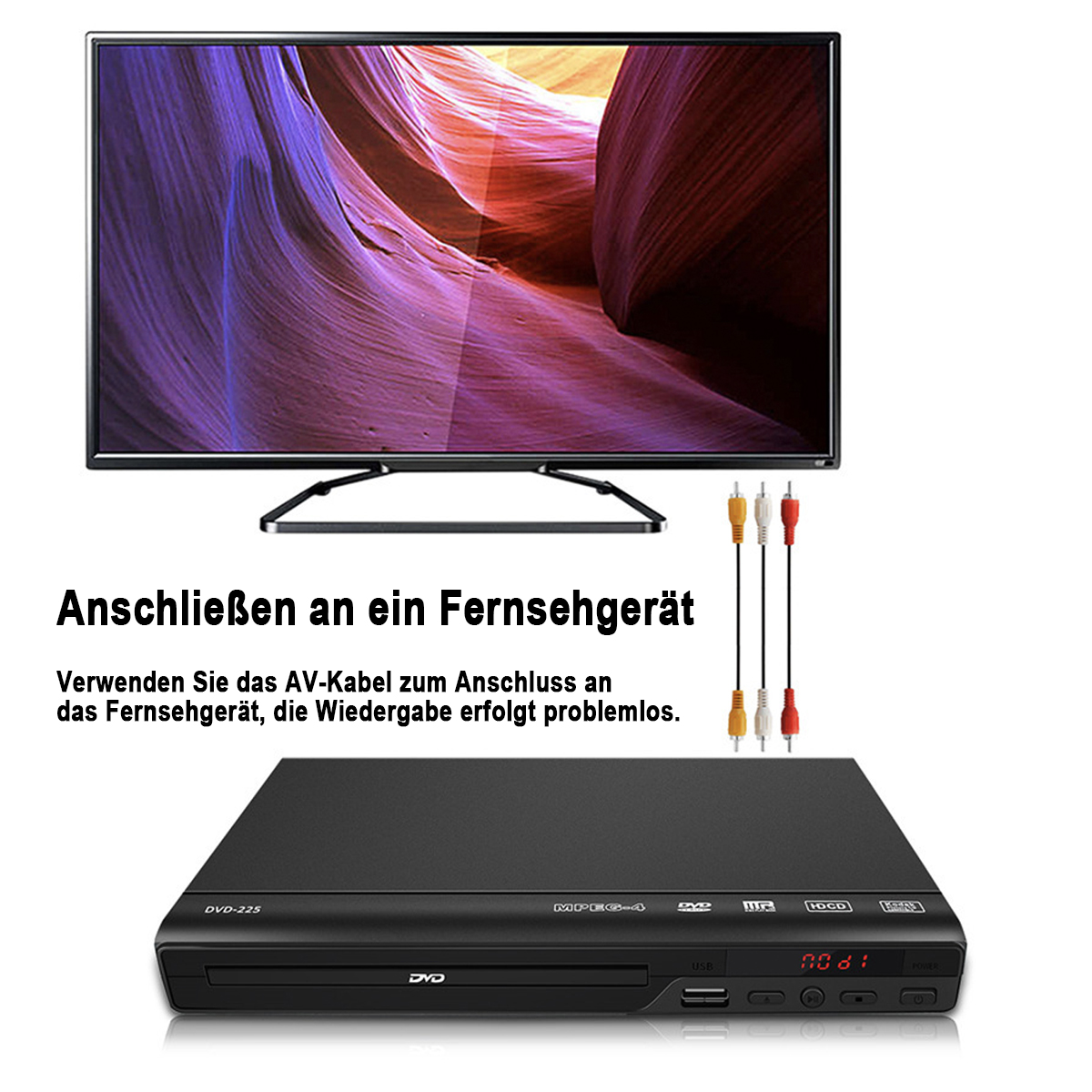 DVD-Player mit einem Fernseher, der einen Bildschirm und Kabel zeigt.