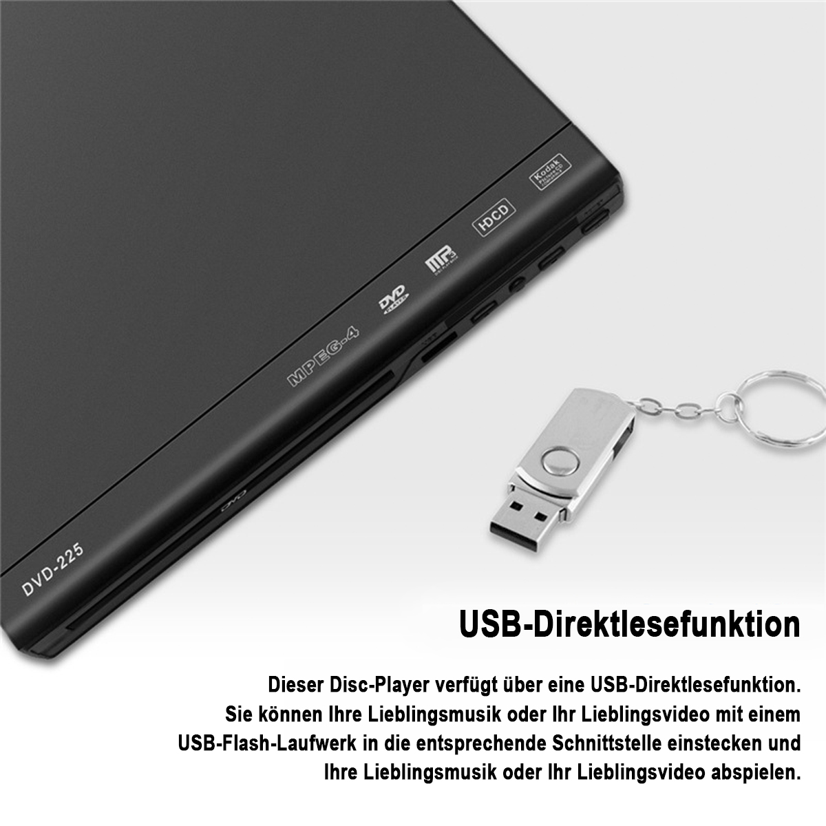 Schwarzer tragbarer DVD-Player mit eingestecktem USB-Laufwerk.