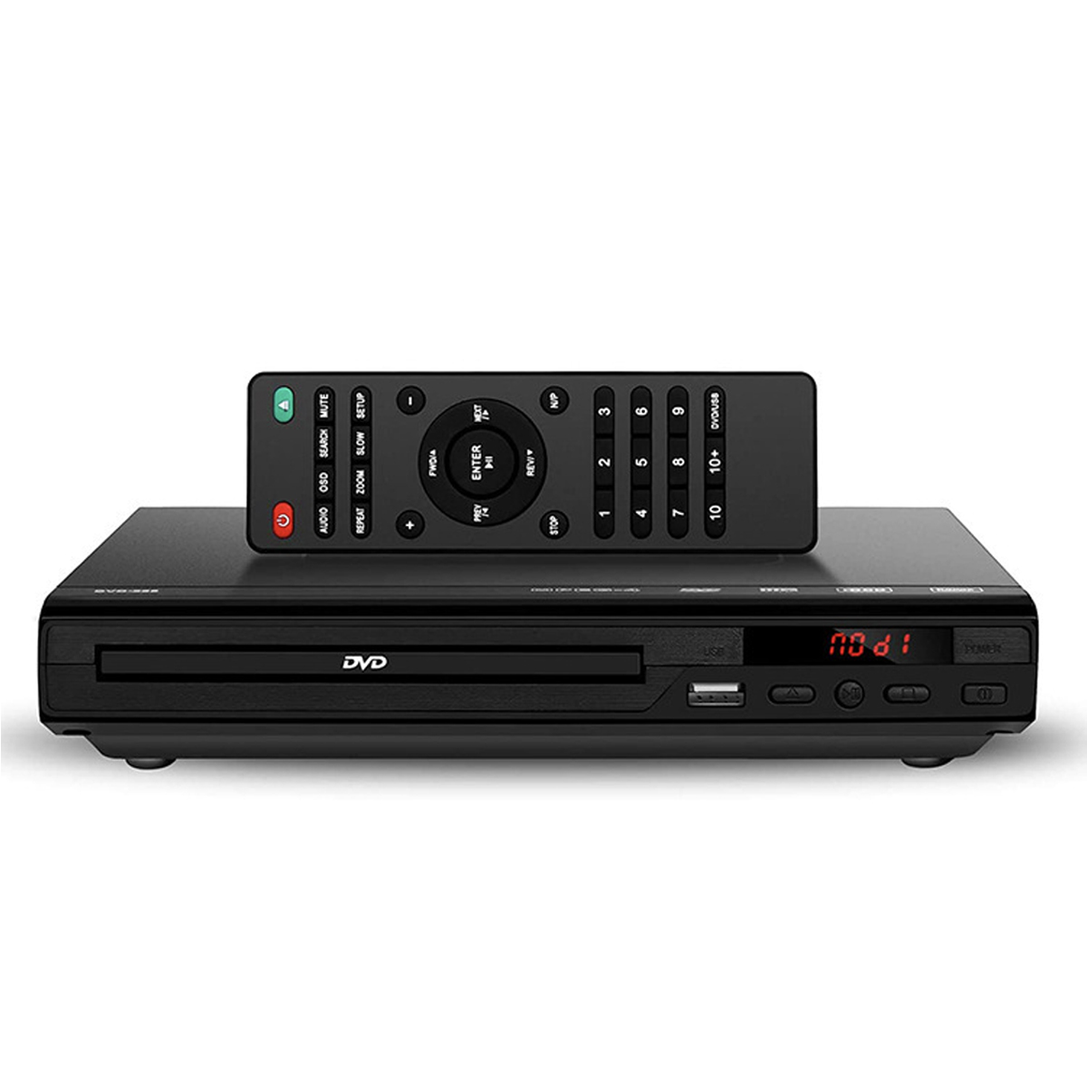 Schwarzer DVD-Player mit Fernbedienung auf weißer Oberfläche. Fernbedienungstasten: Power, Audio, OSD, Stumm, Zoom, Setup, Wiederholen, Anzeigen und andere.