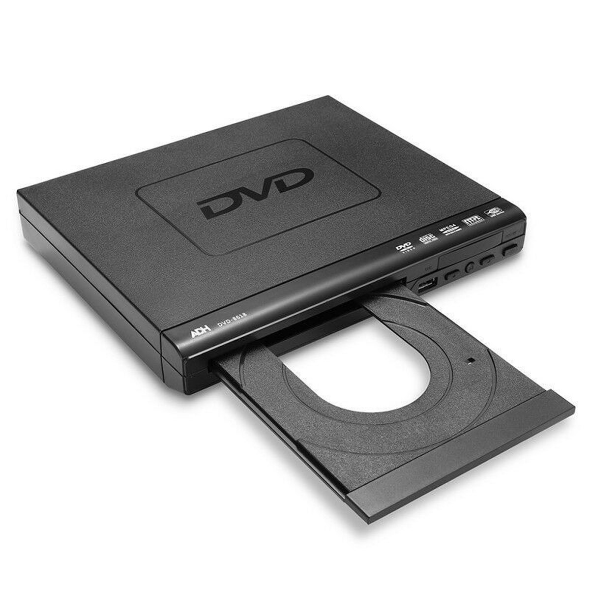 Ein schwarzer DVD-Player mit teilweise geöffnetem Laufwerk auf weißem Hintergrund.