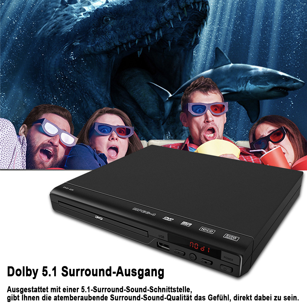 DVD-Player mit 3D-Brillen-tragenden Personen, die einen Film ansehen. Text: Dolby 5.1 Surround.