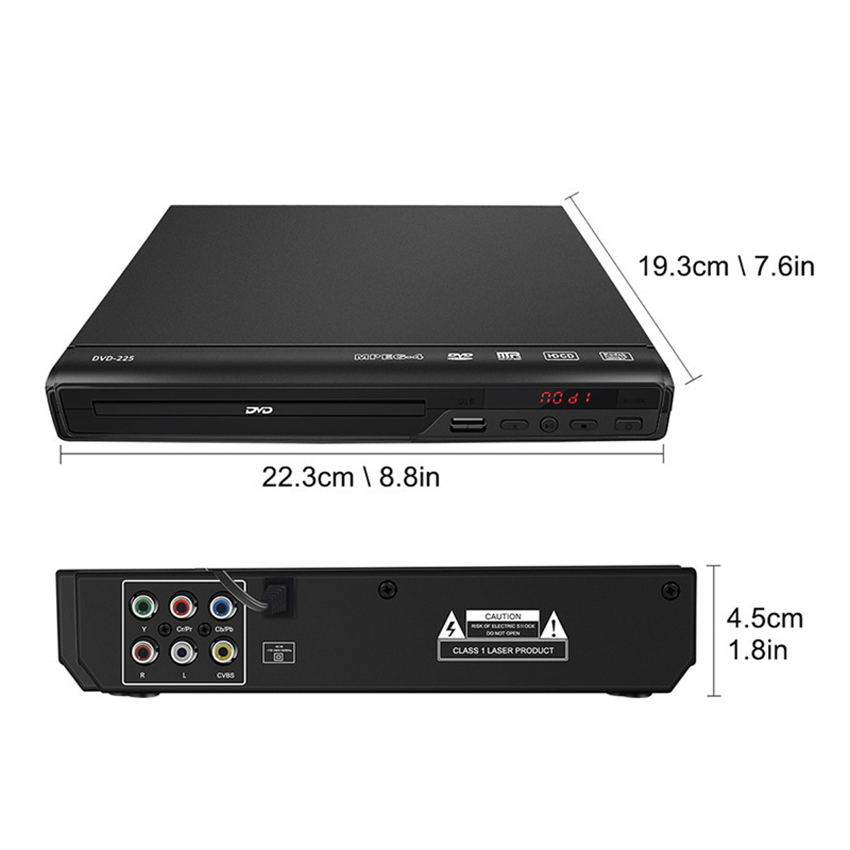 Schwarzer DVD-Player, Draufsicht und Rückansicht mit Abmessungen in cm und Zoll.