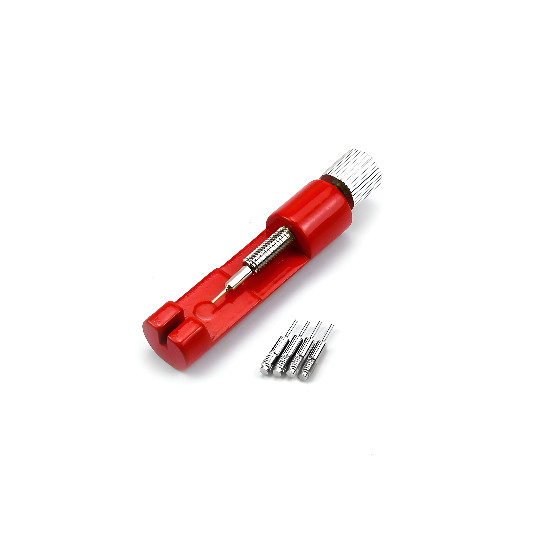 Ein rotes Werkzeug zur Armbandeinstellung und Ersatzstifte. Das Werkzeug ist rot mit silbernem Einstellrad.