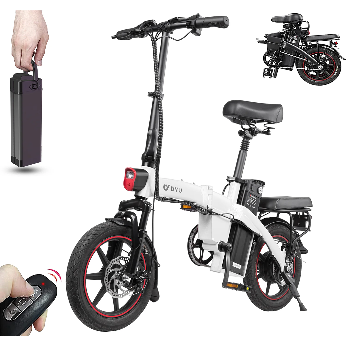 Biało-czerwony rower elektryczny z baterią i pilotem, białe tło.