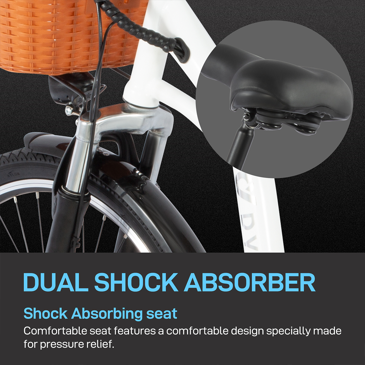 Biały rower z czarnym siedzeniem i koszem.