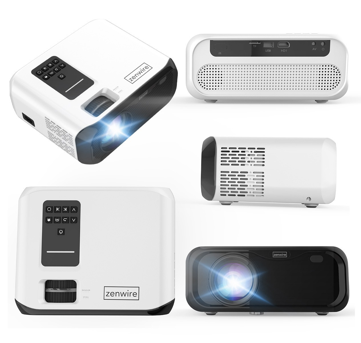 Pięć widoków białego projektora z marką zenwire.