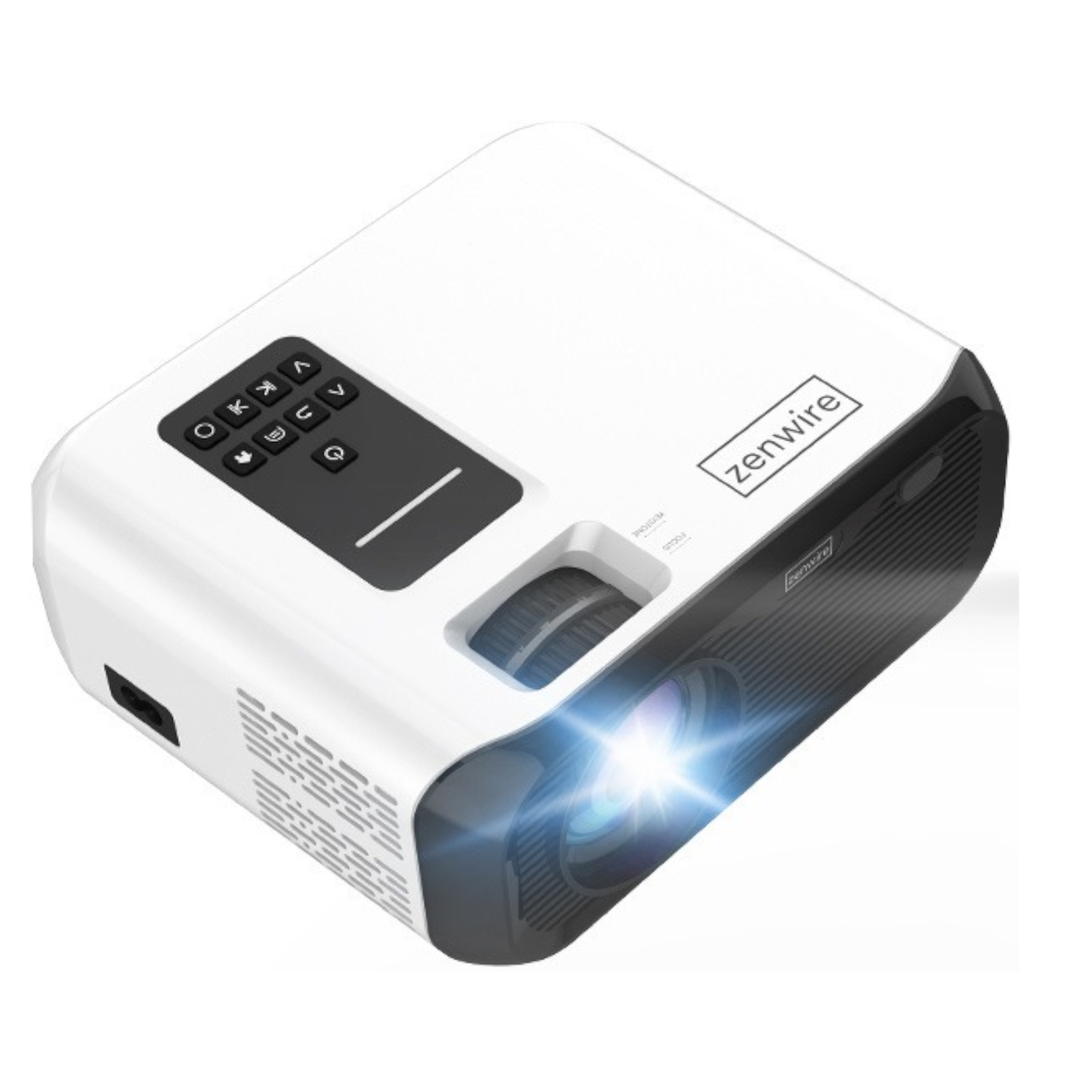 Biały projektor z czarnymi akcentami, przyciskami na górze. Posiada obiektyw i wiązkę światła.