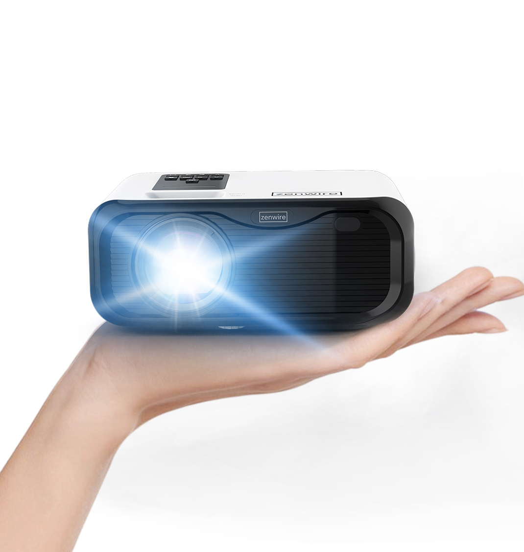 Mały, nowoczesny projektor trzymany w dłoni osoby, emitujący jasne światło.