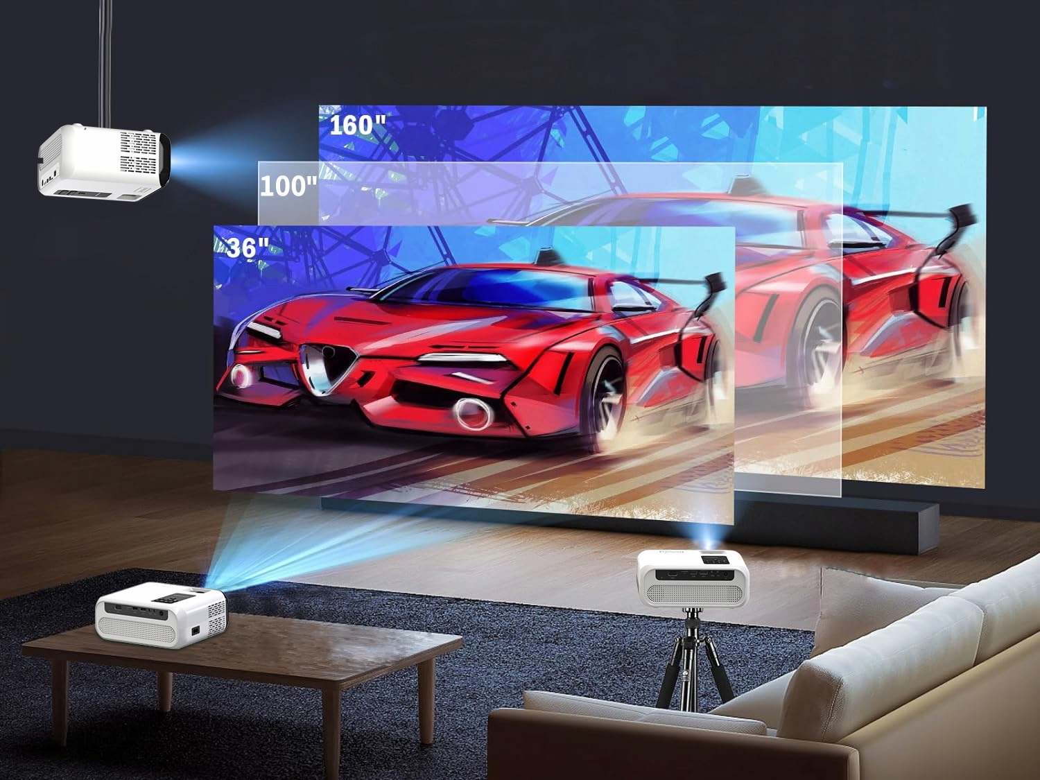 Projektory wyświetlające czerwony samochód sportowy na ekranach o różnych rozmiarach w salonie.