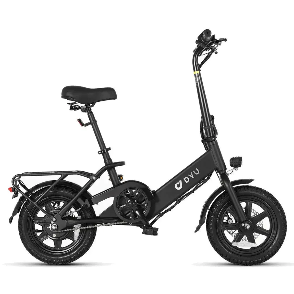 Czarny rower elektryczny DYU na białym tle, z siodełkiem i kierownicą.