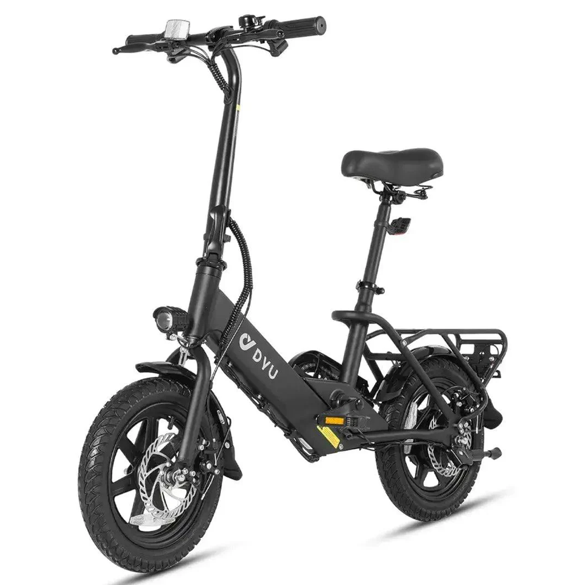 Czarny składany rower elektryczny na białym tle, widok z przodu.
