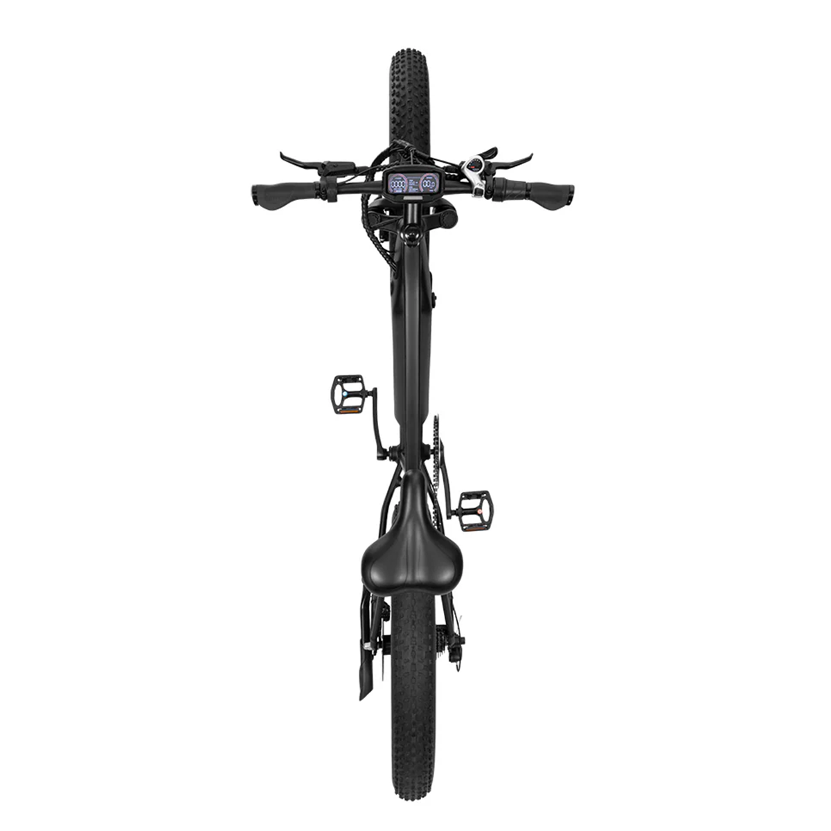 Widok z góry na czarny rower elektryczny z grubymi oponami. Białe tło.