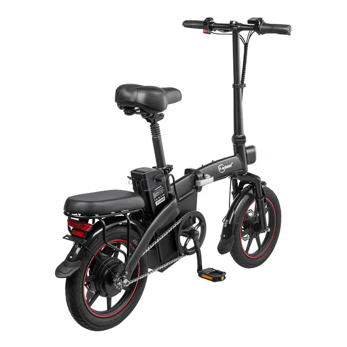 Czarny składany rower elektryczny z czerwonymi akcentami, na białym tle.