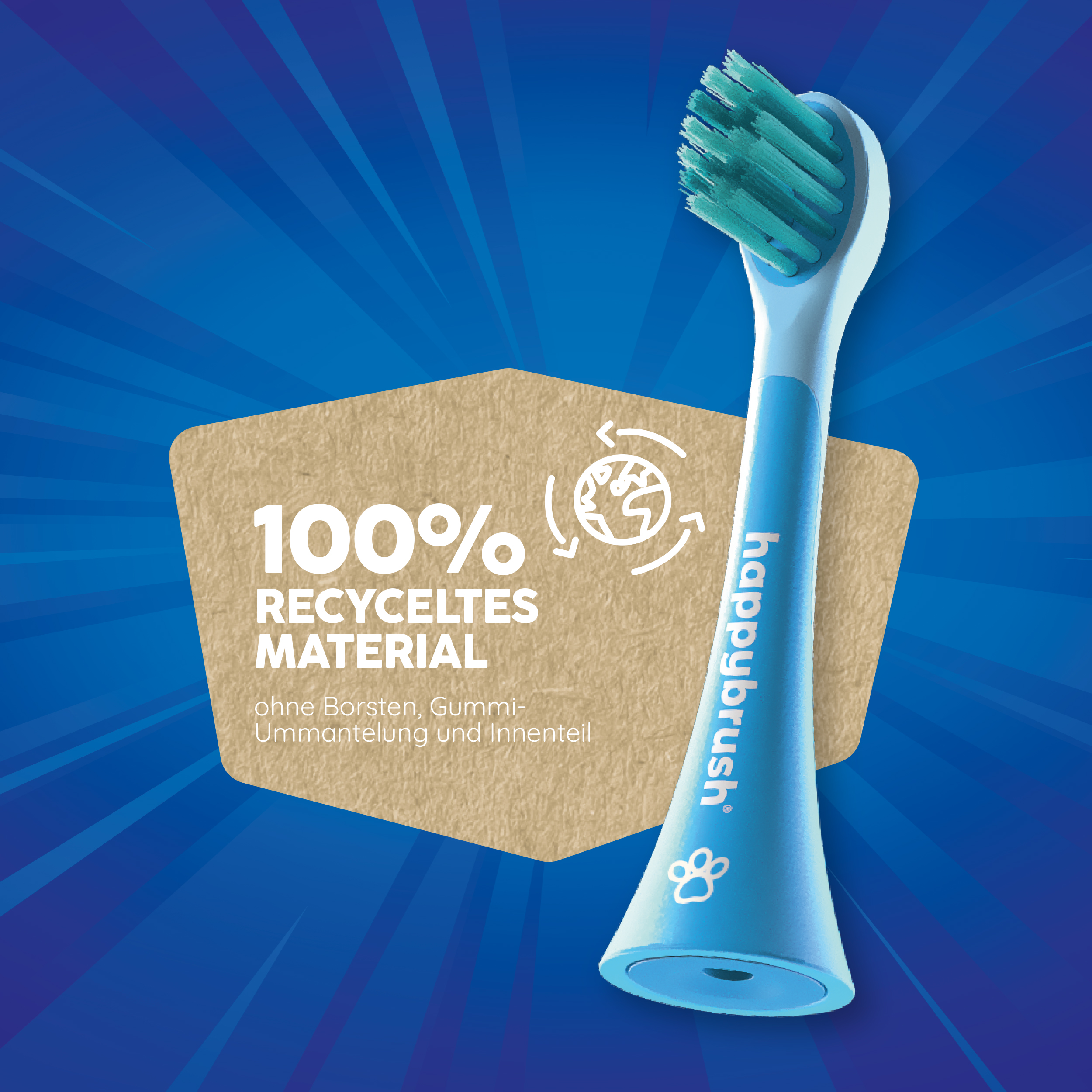 Blauer Zahnbürstenkopf mit grünen Borsten und einem Recycling-Symbol. Text: 100% recyceltes Material.