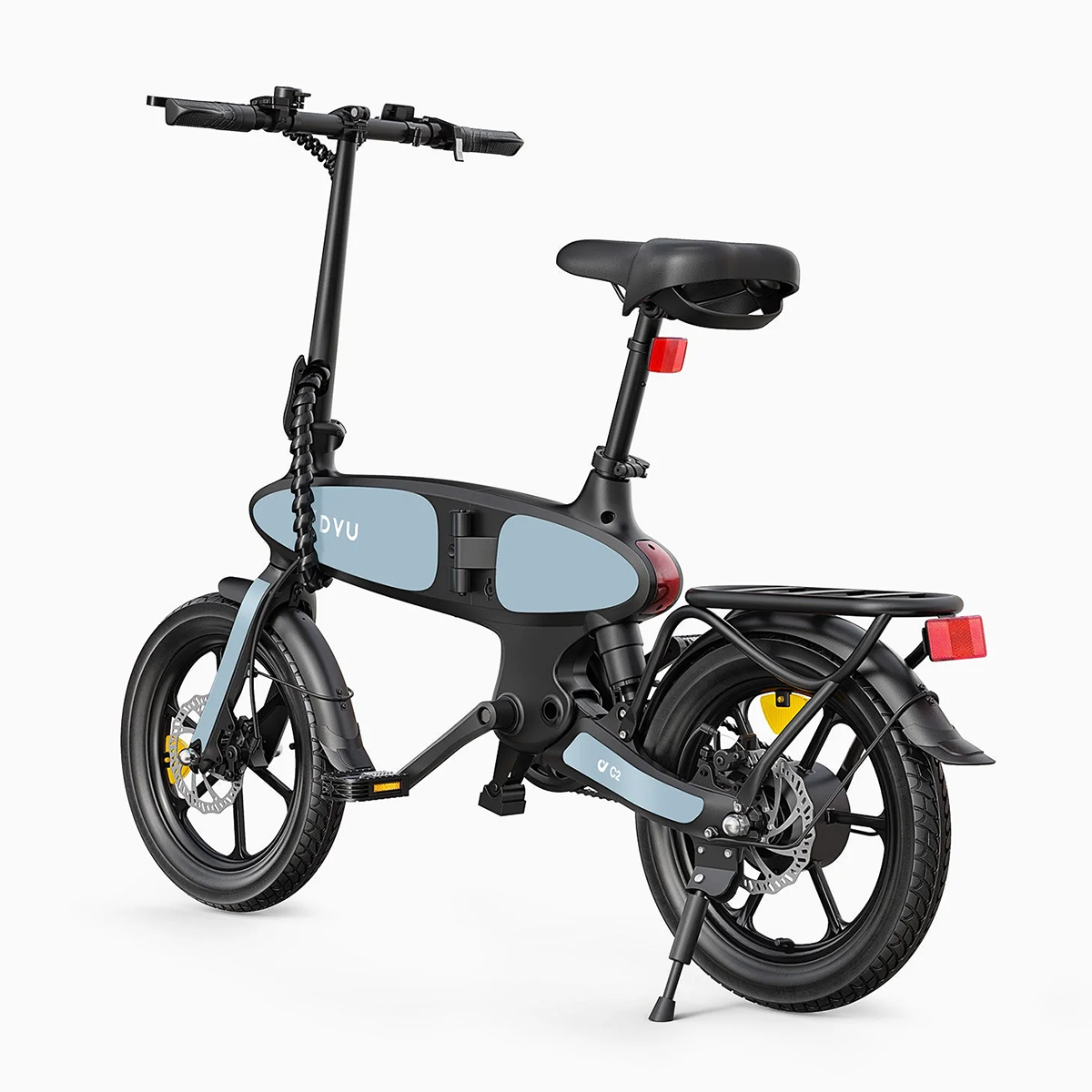 Czarno-niebieski rower elektryczny na białym tle. Widok z tyłu.