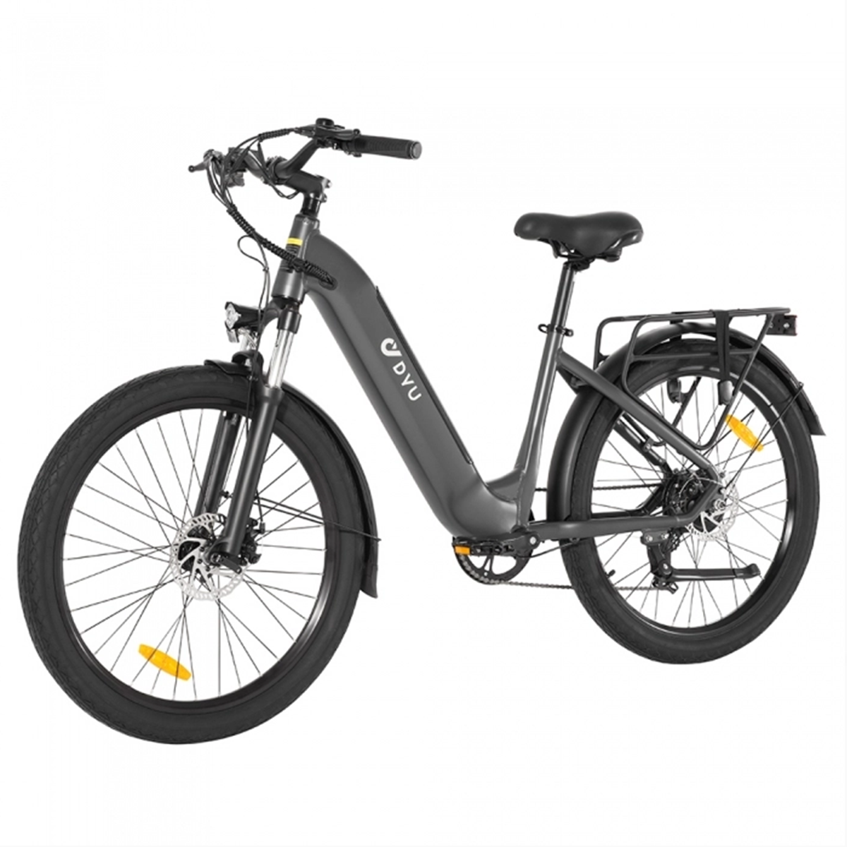 Szary rower elektryczny z czarnymi oponami, umieszczony na białym tle. Jest to widok z boku.