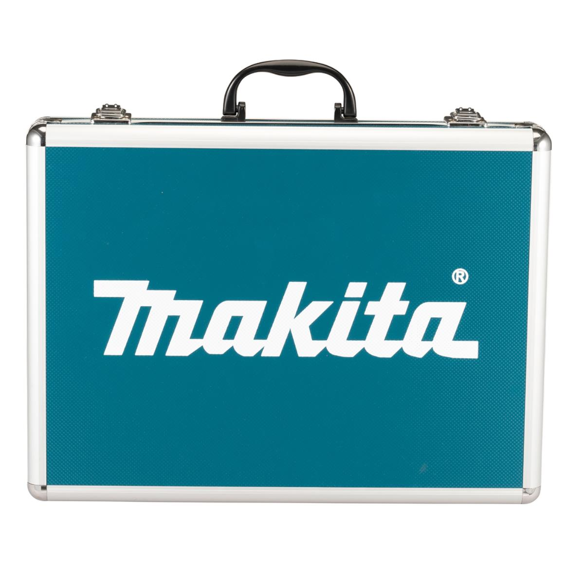 Türkisfarbene Makita Werkzeugkiste. Das Makita-Logo ist prominent auf der Vorderseite zu sehen.