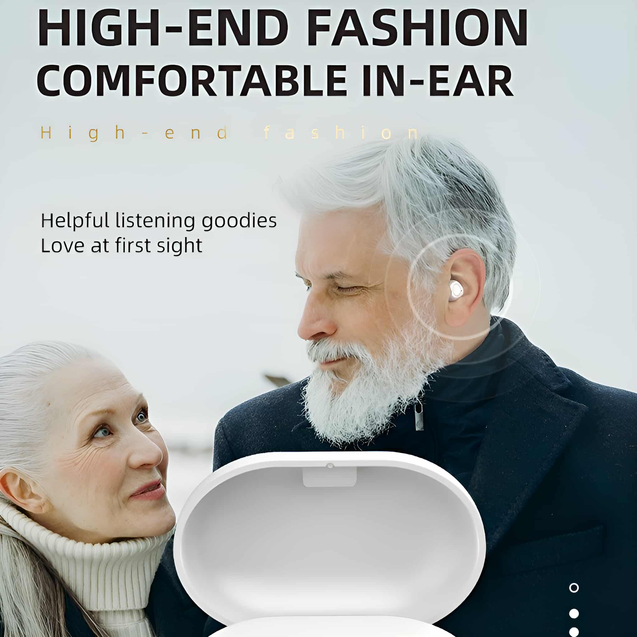 Ein älterer Mann mit Ohrhörern und eine Frau, mit Text über High-End-In-Ear-Kopfhörer.