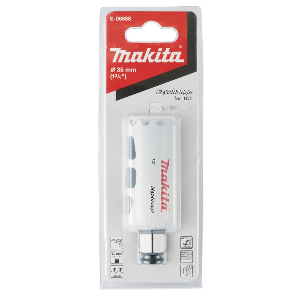 Makita Lochsäge in Verpackung, weiß und schwarz, auf weißem Hintergrund.