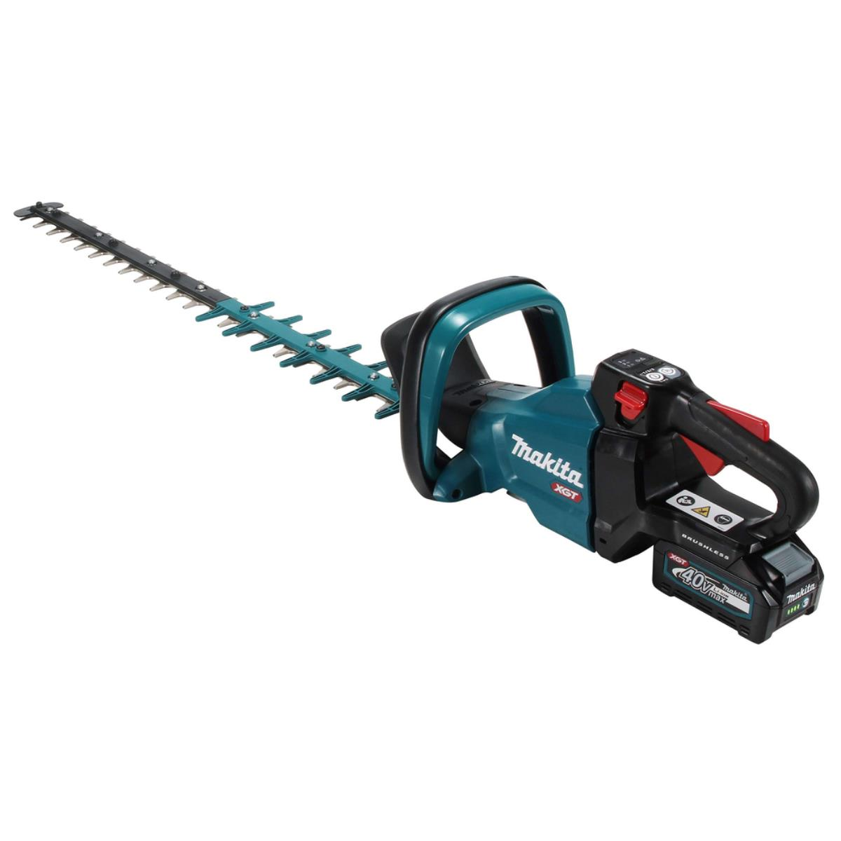 Eine teal-schwarze Makita-Heckenschere auf weißem Hintergrund. Die Klinge ist lang und nach rechts abgewinkelt.