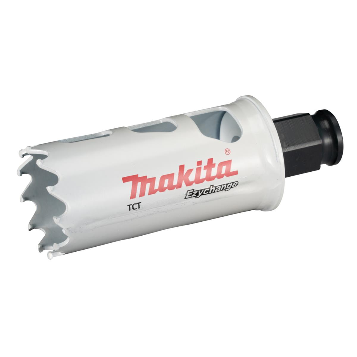Weißer und silberner Makita-Lochsäge. Rotes Makita-Logo. Schwarzer und silberner Schaft. Gezahnte Schneidkante.