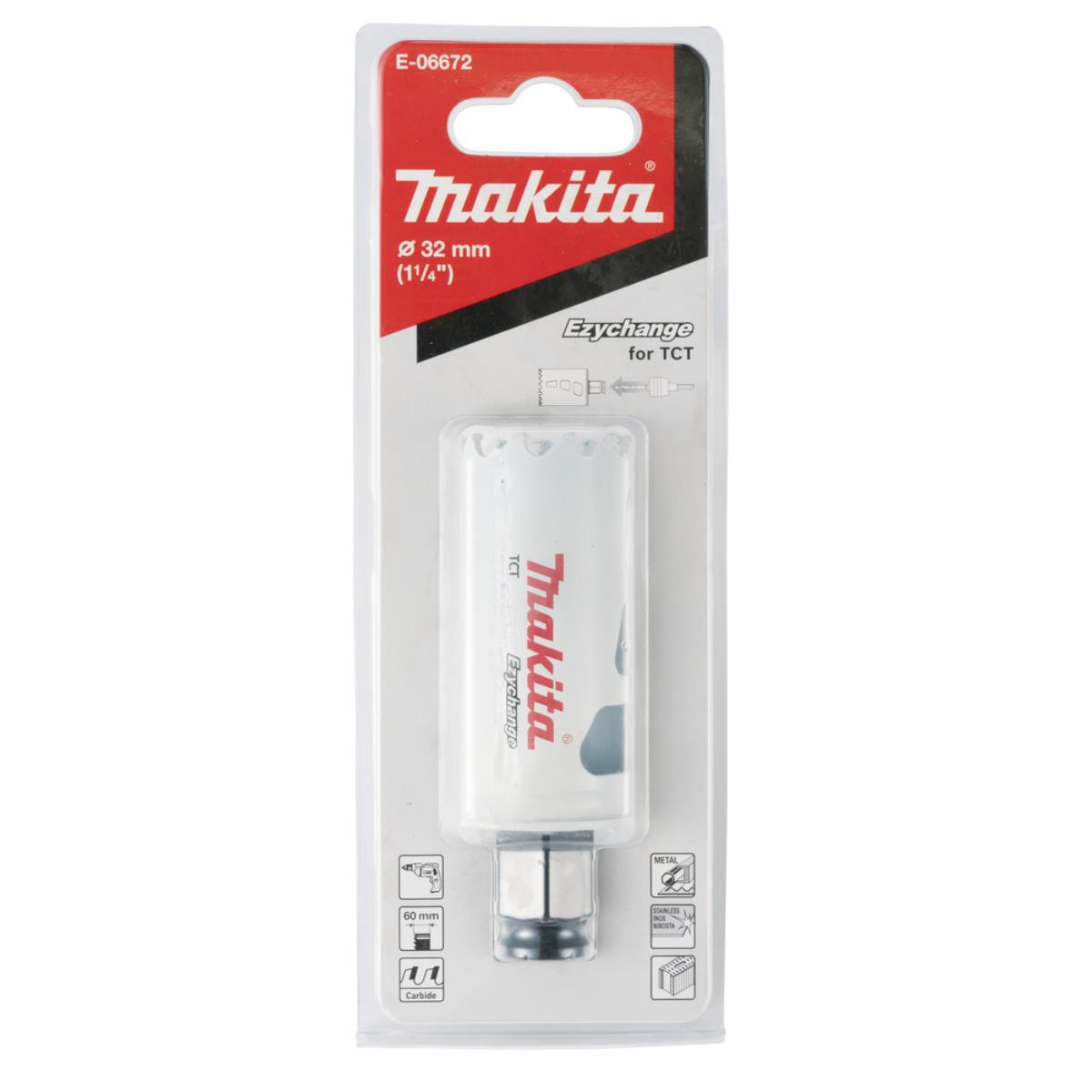 Eine Makita Lochsäge in der Verpackung. Text: Makita Ezychange. Text: 32 mm (1 1/4").
