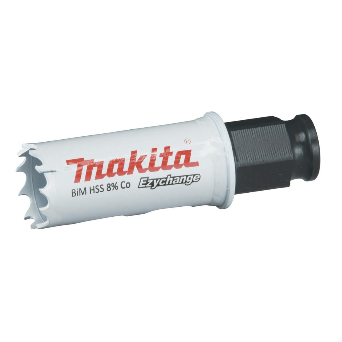 Makita Lochsäge, weiß mit rotem Text, auf weißem Hintergrund.