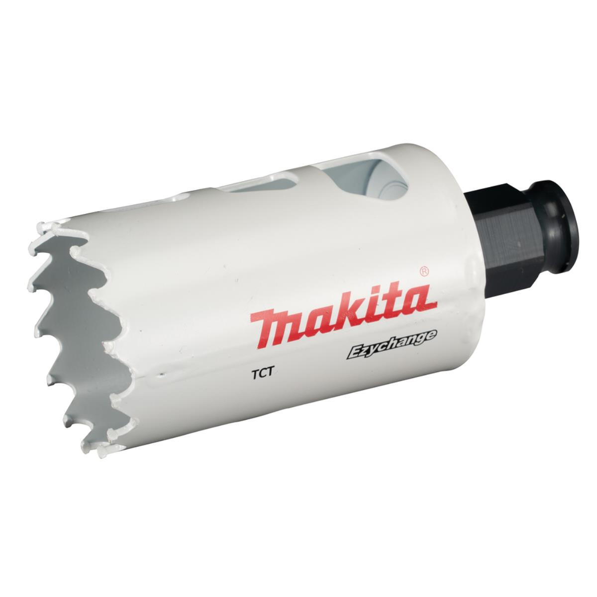 Lochsäge aus weißem und silbernem Metall. Der Markenname 'Makita' ist sichtbar.